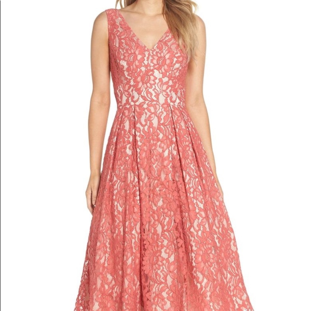Eliza J V-Neck Pink Floral Lace MIDI